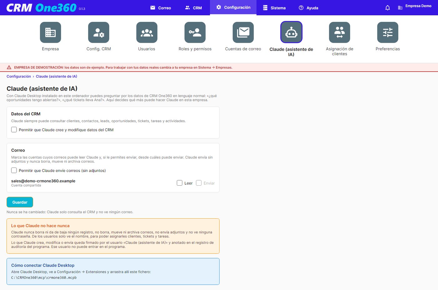 Pantalla Configuración, Claude, de CRM One360, donde un administrador decide qué puede hacer Claude